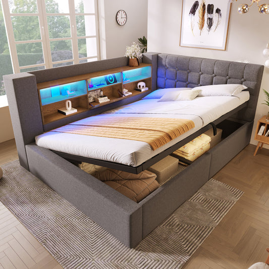Upholstered Bed 140x190 Cm Double Bed With LED Lighting, Hydraulic Storage, L-shaped Headboard With Storage, Can Be Mounted On Both Sides, Slatted Base, Linen Fabric, Grey  Without Mattress