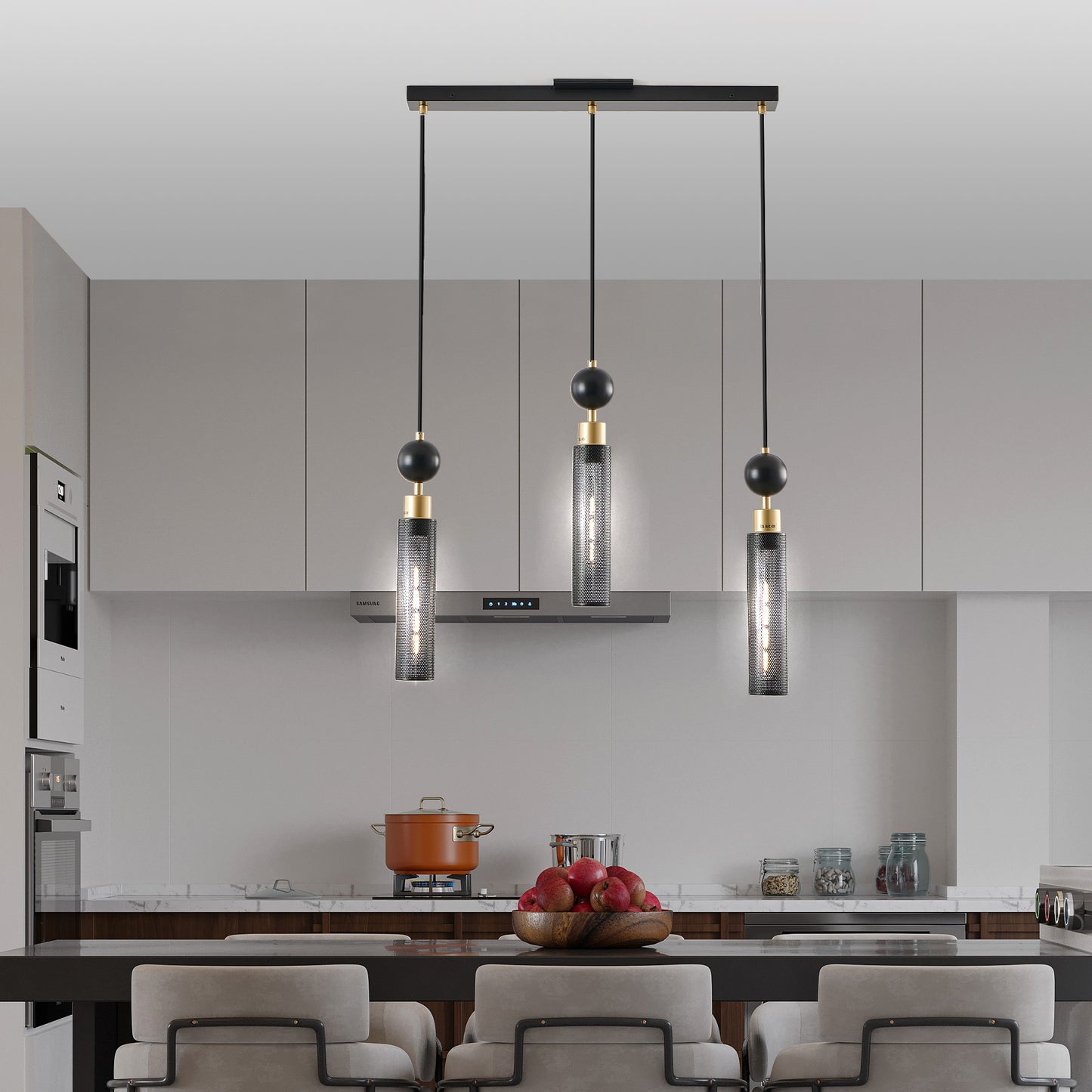25  Modern Black And Gold 3-Light Pendant Chandelier, Adjustable Hanging Lights With Cylindrical Mesh Shades, E26 Base, Ideal For Dining Room, Kitchen Island, Or Living Room Lighting No Bulbs