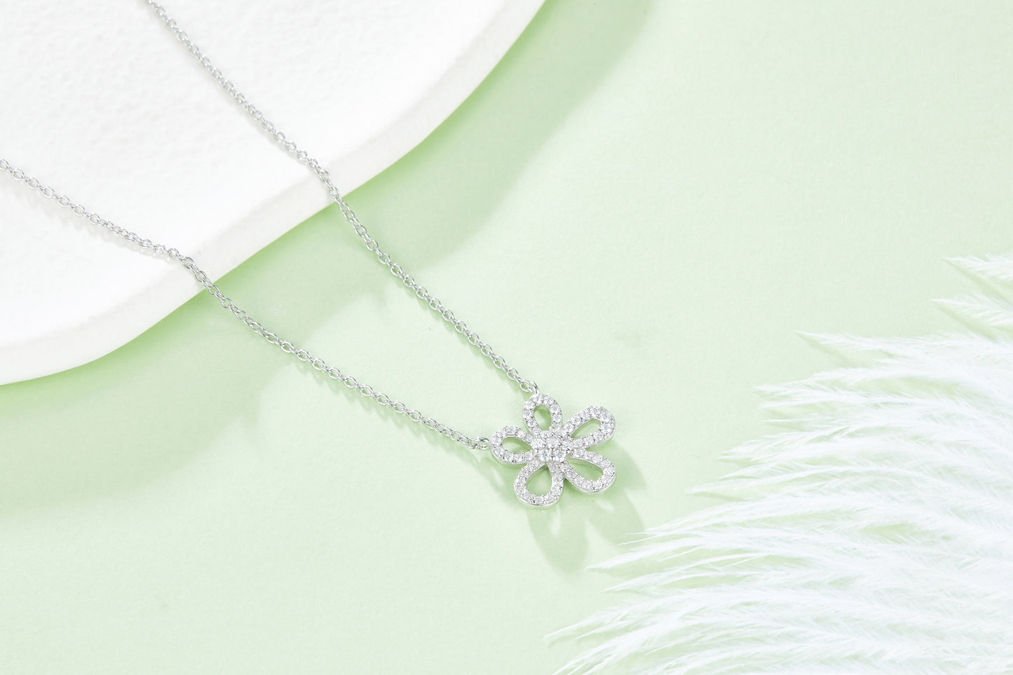 S925 Sterling Silver Dainty Flower Necklace, 49 D-VVS1 Moissanite Pave, Platinum Plated 1.1g With GRA Certificate & Gift Box