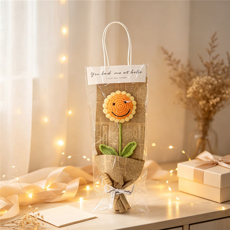 Handmade Crochet Smiley Sunflower Single Flower Bouquet, Knitted Everlasting Yarn Artificial Flower With Gift Packaging Bag, Cute Forever Floral Gift For Teacher's Day, Birthday, Graduation & Home Tab
