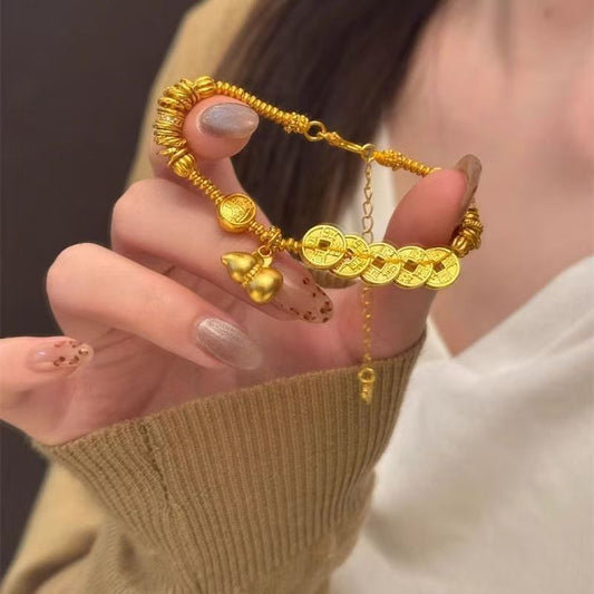 Golden Five Emperors Ancient-Style Gourd Wrap Bracelet, Chinese Retro Niche Girlfriend Jewelry, Handmade Bracelet Gift, National Trend