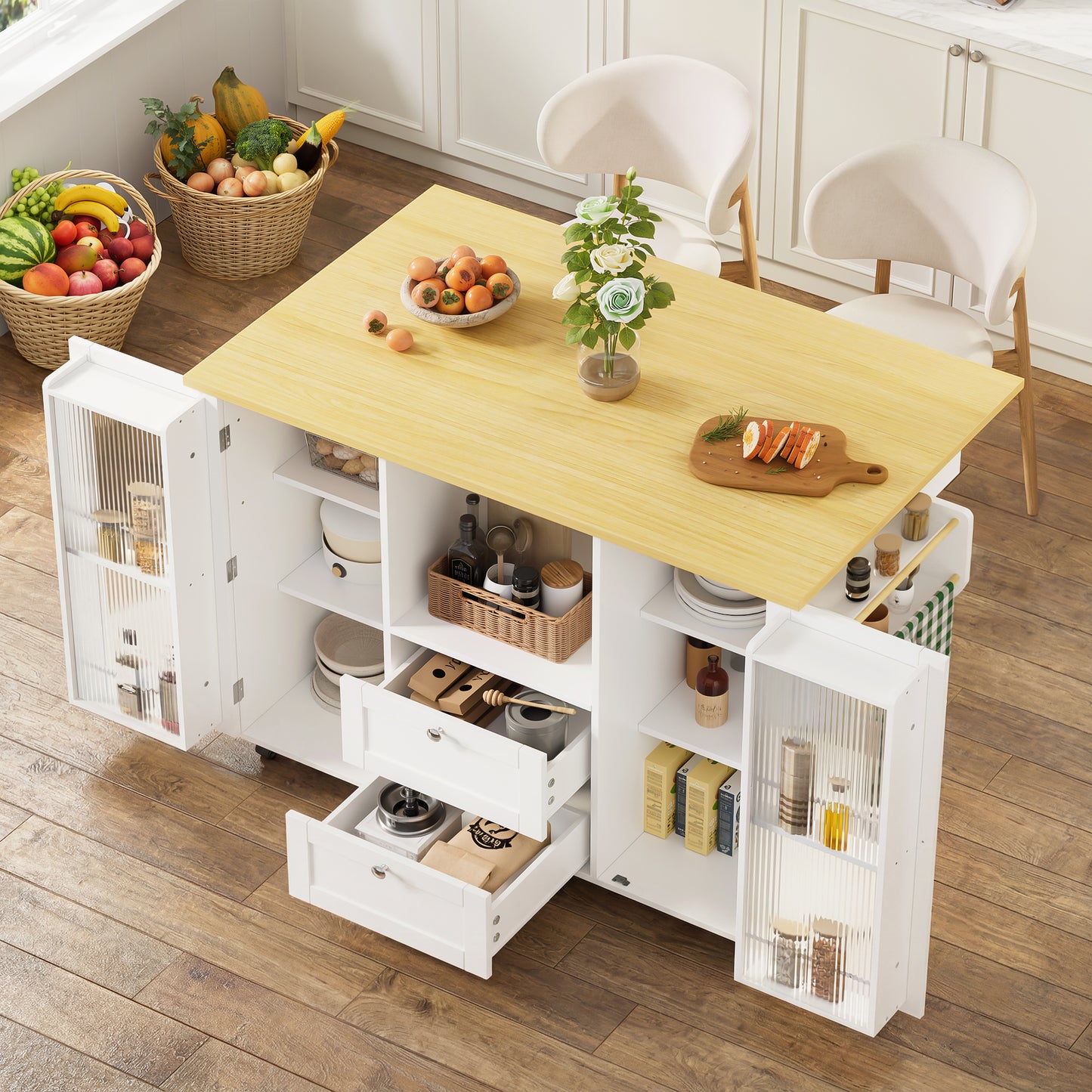 Kitchen Island On Wheels With Folding Worktop, Freestanding Kitchen Cabinet, Serving Trolley With Storage, 2 Drawers, Spice Rack, Towel Rail, Lockable Castors, 120 X45x 92 Cm