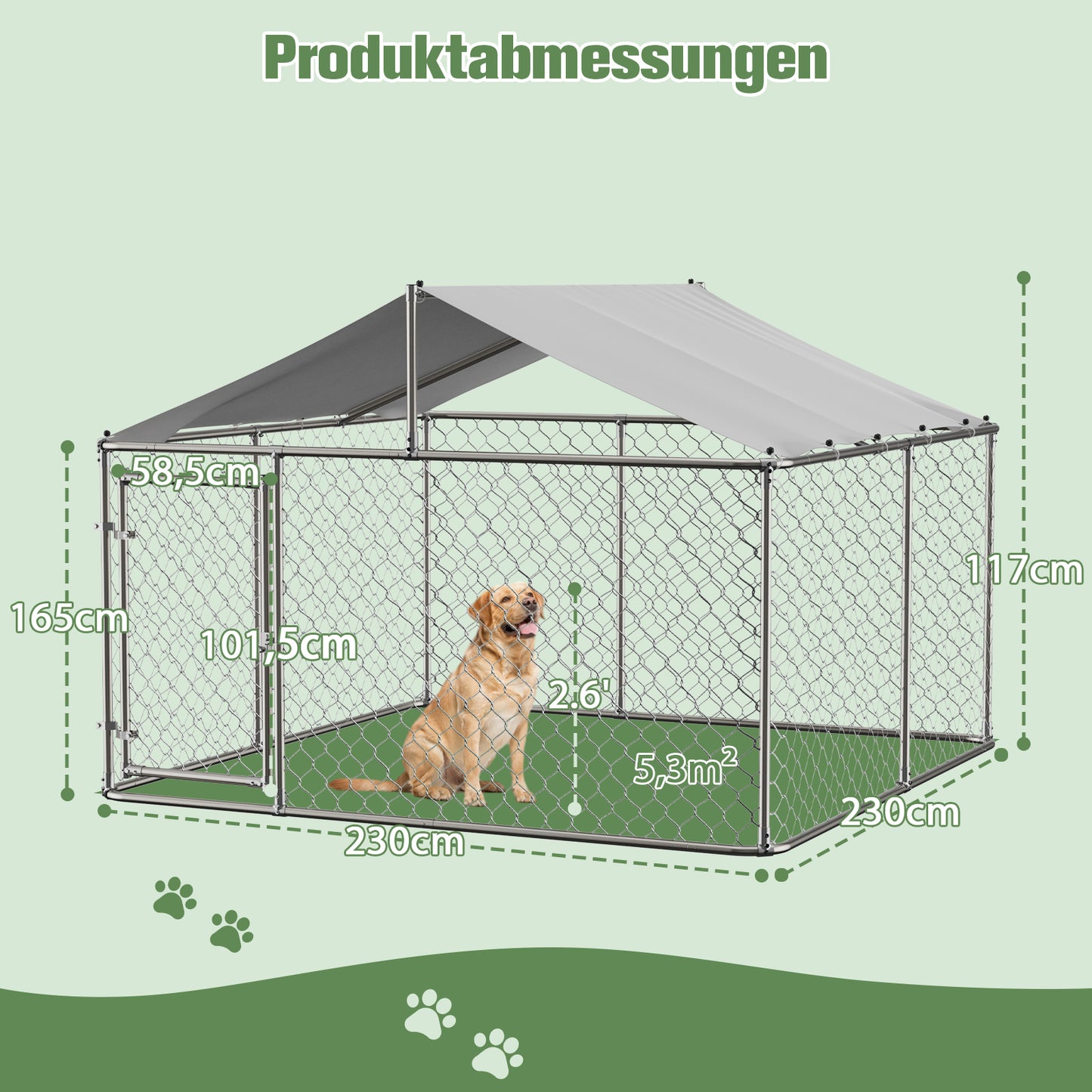 Outdoor Dog Kennel 230x230x117 Cm With Roof - Heavy Duty Identification Screen Made Of Galvanized Steel Tube With Lockable Safety Door - UV-Resistant & Waterproof Cover For Garden