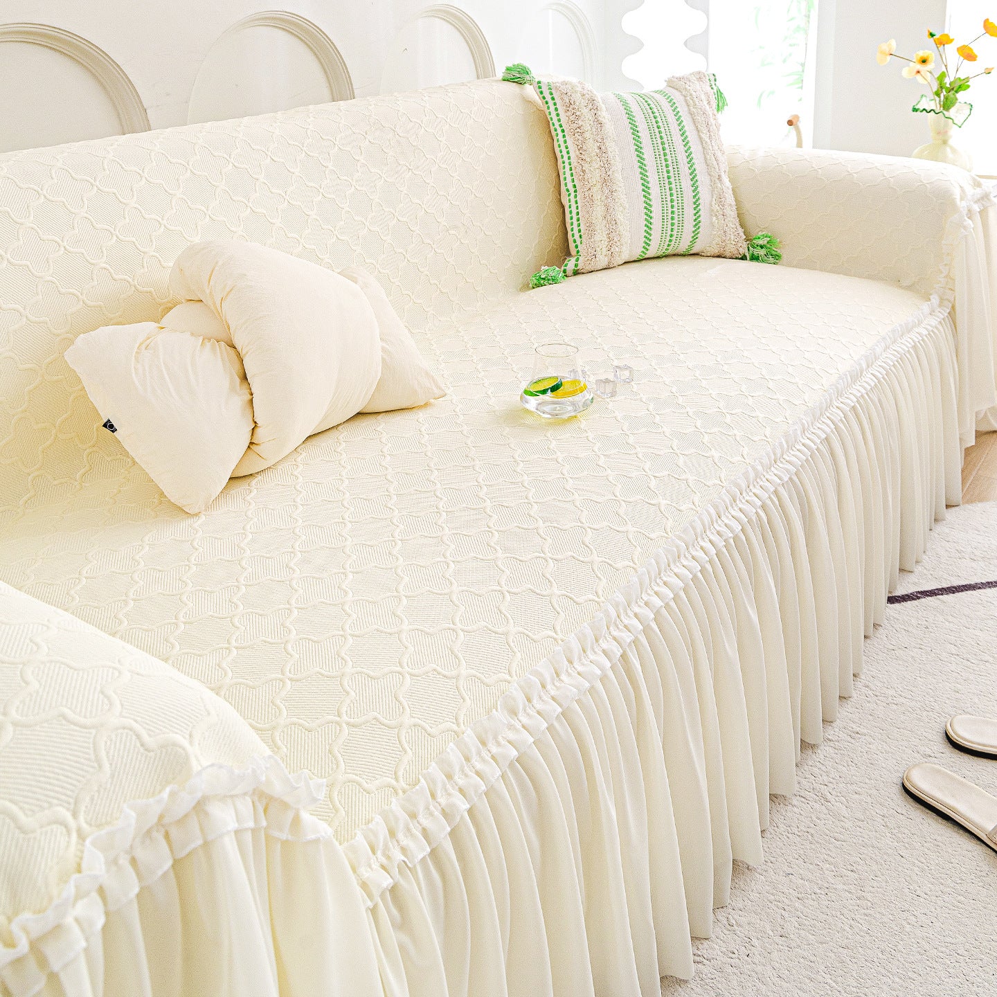 Cream Style Summer Ice Silk Sofa Cover Cloth Summer Cooling Anti-scratching Full Covered Cover