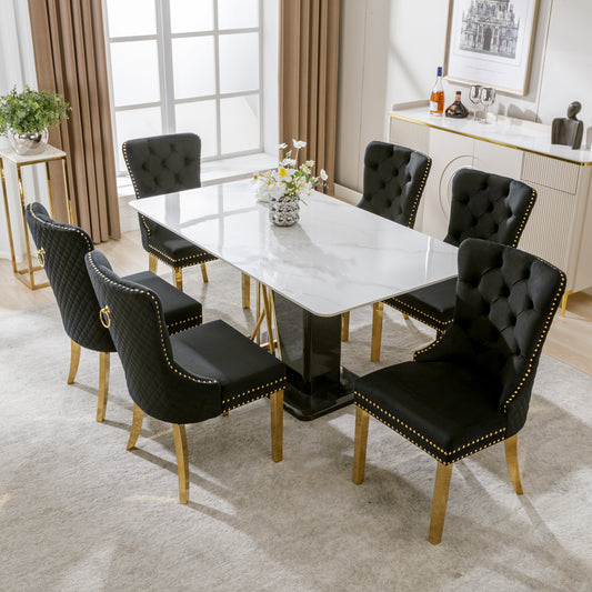 Dining Room Chair Kitchen Chair Living Room Chair With Unique Round Tensile Rings On The Back, 6 Sts, Upholstered Chair With Nail Head Occupation,Supporting Legs In Gold Plated Stainless Steel, Velvet