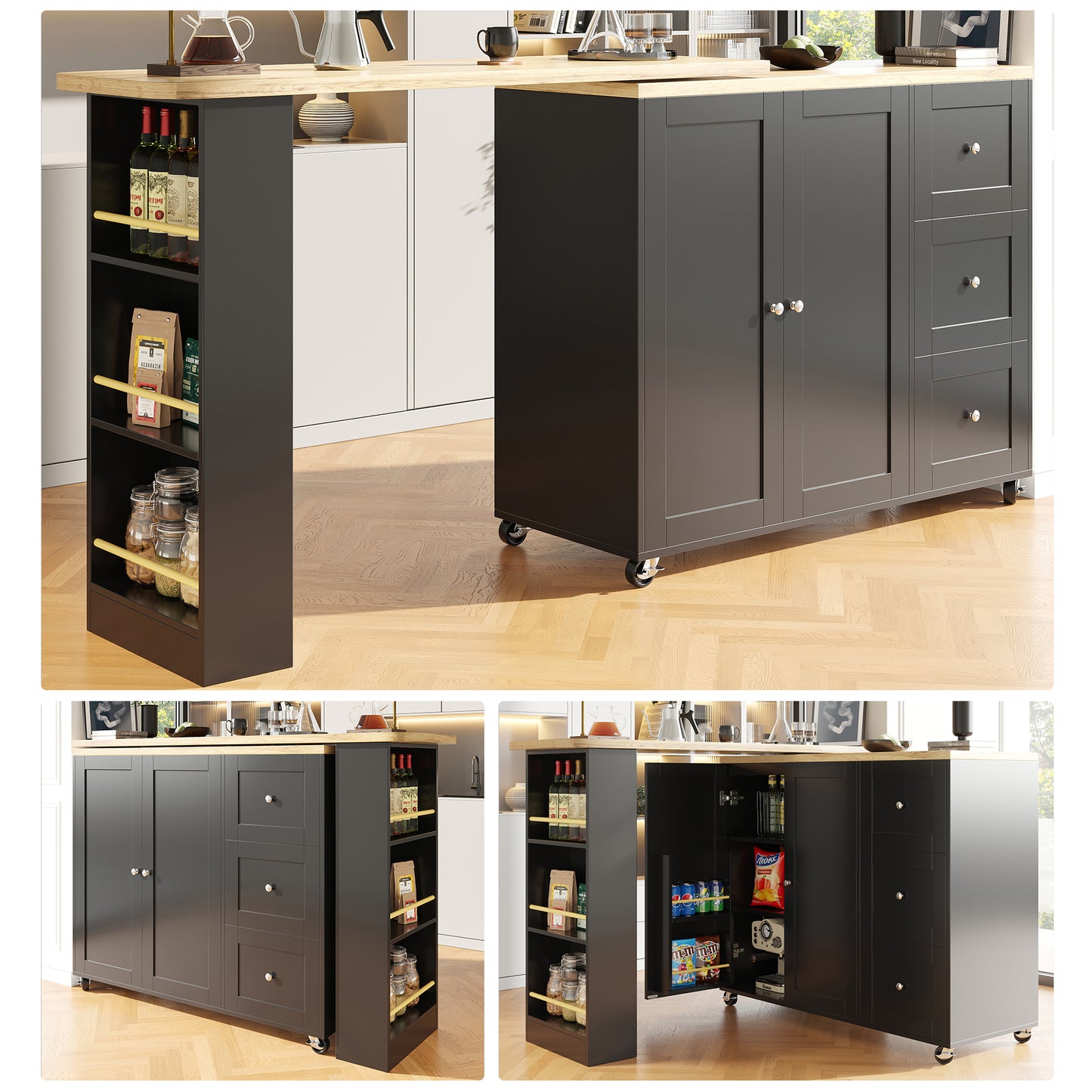 360 Swivel Bar Table  135-203 X 39 X 106 Cm  On Wheels, Black, With Three Drawers. Comes With Snack Holder. Multifunctional Storage Island, Suitable For Kitchen And Living Room