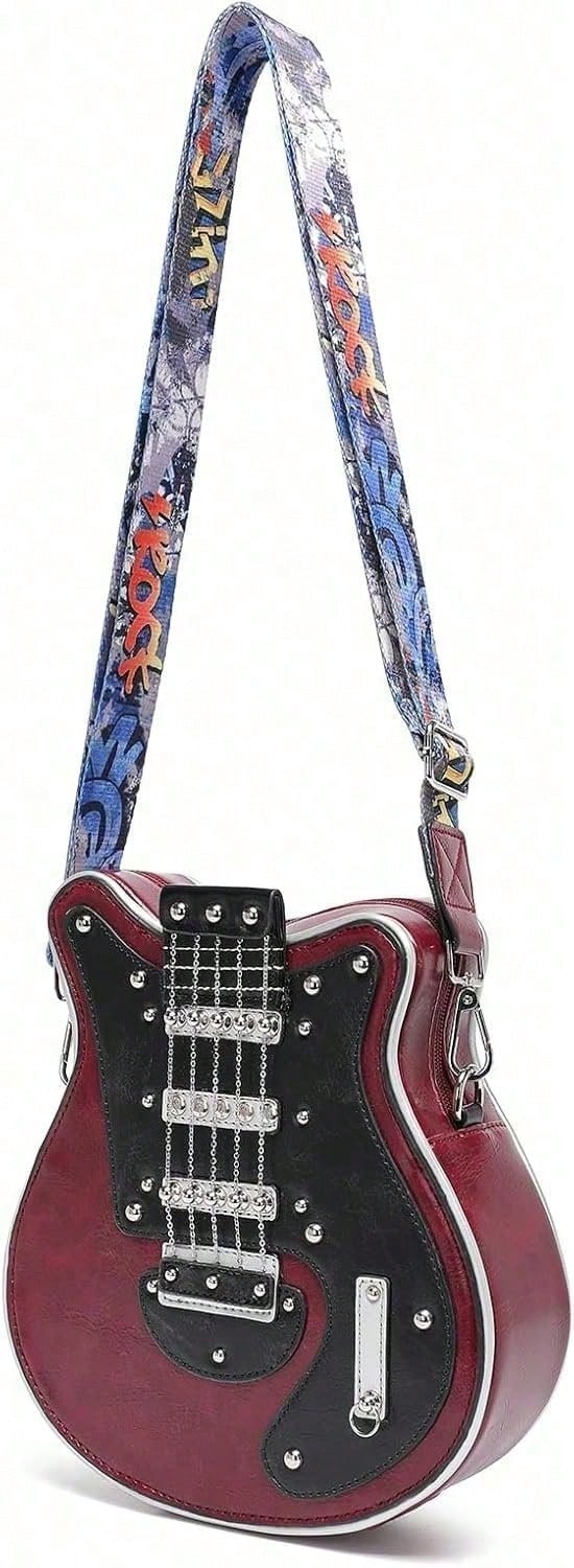 Romantic Gifts Personality Novelty Guitar Shaped Crossbody Bag Style Rivets Decor Shoulder Handbag For Women. Tote Bags For Women, Black Bag, Shoulder Bag, Crossbody Bag, Valentine's Day Gifts