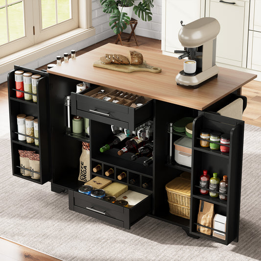 Kitchen Trolley With Folding Worktop, Kitchen Island On Wheels With Wine Rack, Glass Holder, Spice Rack & Towel Rack, 120x45-70x92cm, Black  Multifunctional Serving Trolley With Storage