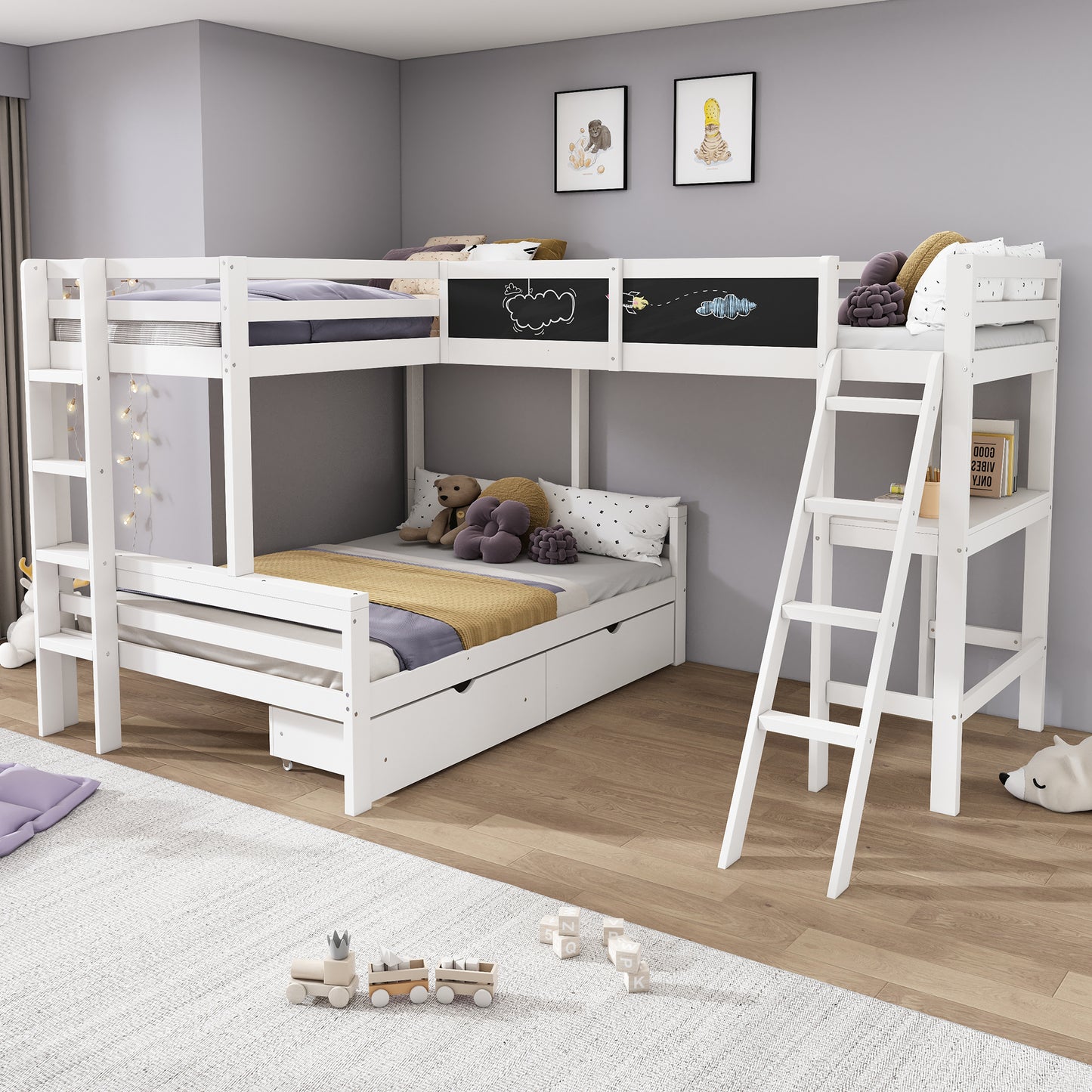 Childrens Loft Bed ,Three Children Can Sleep In The Cot, Has Storage Drawers,made Of Pine Wood, Bunk Bed, Cot With Desk And Shelf, 140x200cm,90x200cm,white