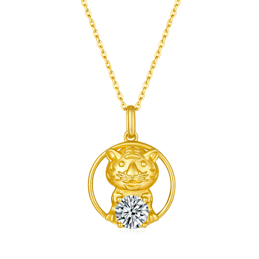 S925 Sterling Silver Gold Plated 1ct D Color VVS1 Moissanite Tiger Necklace 5g Chinese Zodiac Benmingnian Gift GRA Certified Gift Box