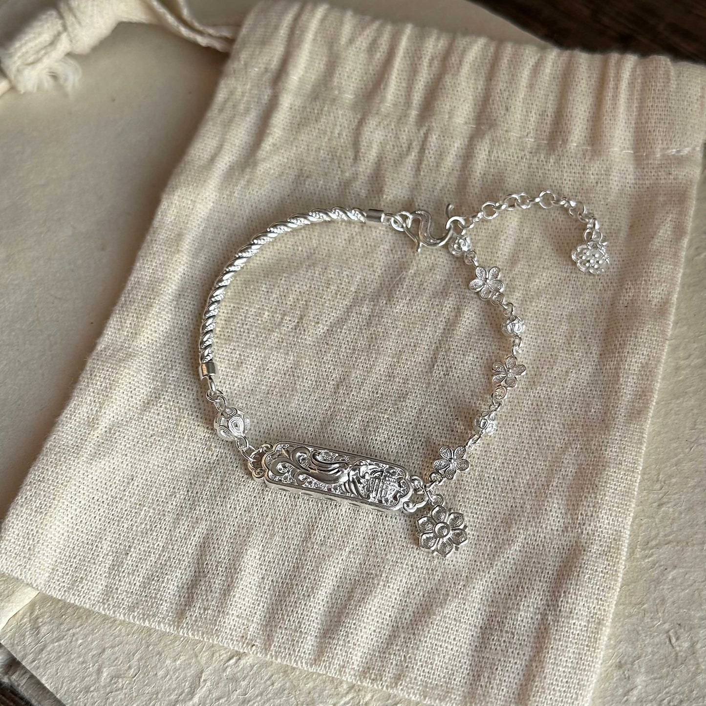 1pc 999 Sterling Silver Hollow Phoenix & Flower Bracelet, Retro Chinese Style, Perfect For Daily Wear & Valentine's Gifts