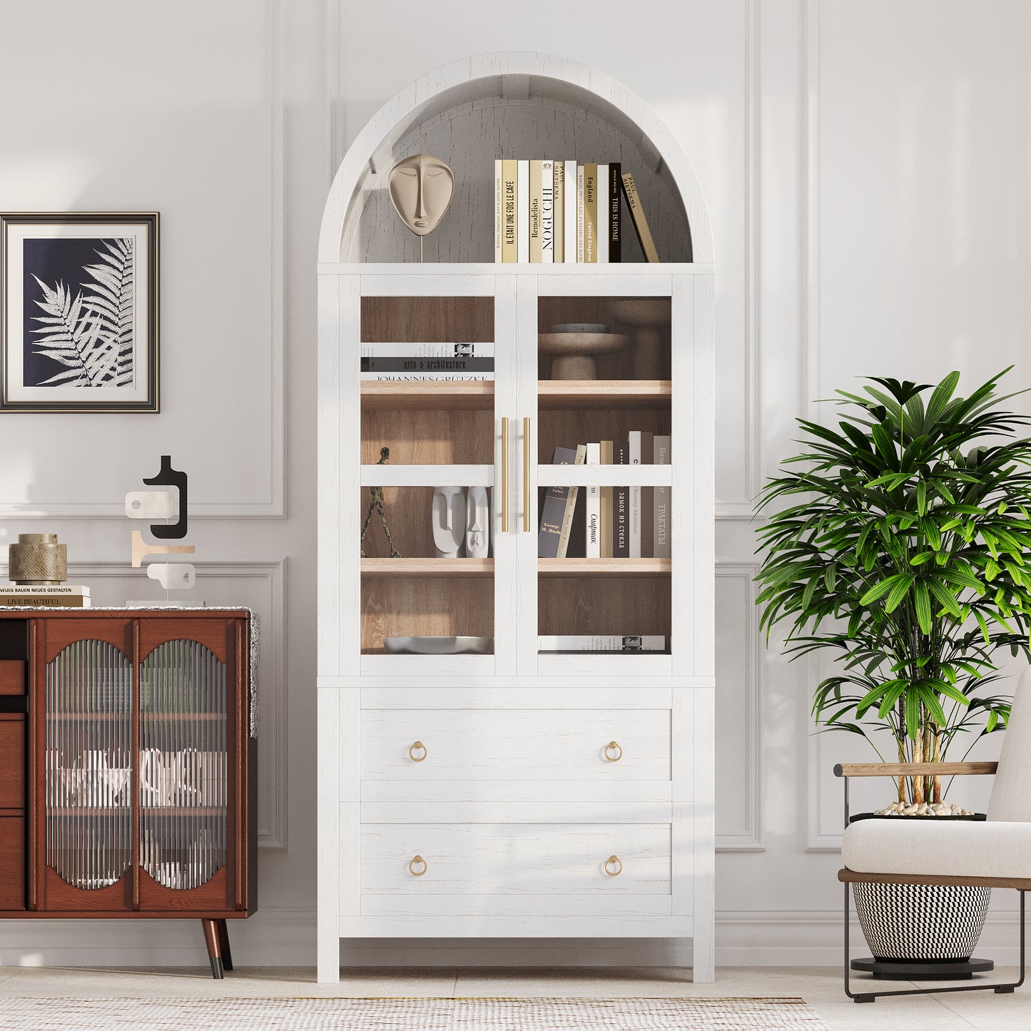 K&K 71  Tall Arched Kitchen Pantry Cabinet With 2 Large Drawers, Modern Farmhouse Kitchen Storage Cabinets With Adjustable Shelves, Glass Door, Wood Versatile Cupboard For Kitchens, Dining Room, White