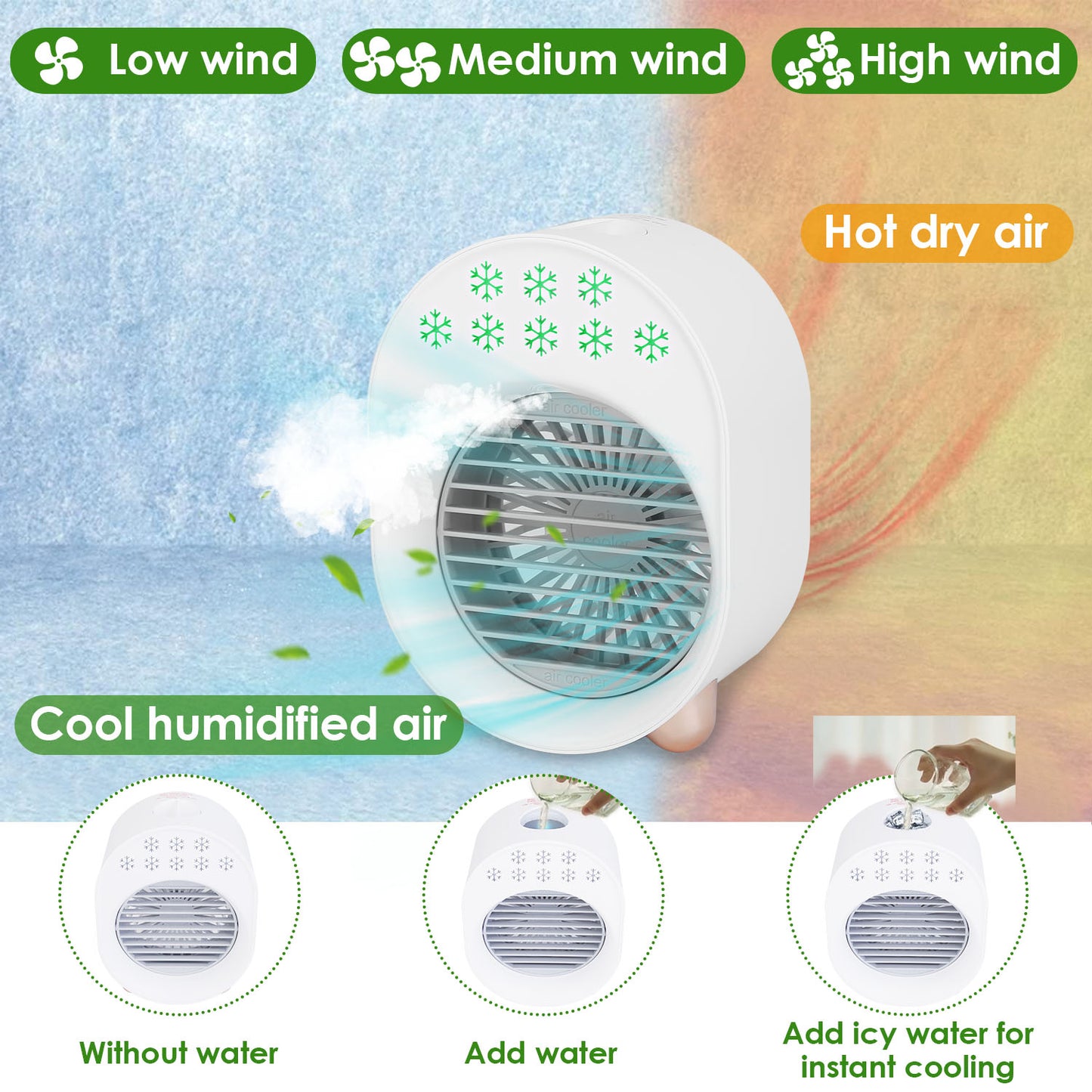 4 In 1 Portable Mini Desktop Air Conditioner Fan Water Mist Cooling Fan USB Rechargeable Humidifier Fan Evaporative Air Cooler 3 Wind Modes Colorful Lights