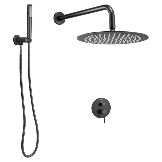 Shower Faucet Set, Rainfall Bathroom Shower System With 10-Inch Round Rain Shower Head And Handheld Spray, Wall Mounted Bath Fixtures With Brass Valve And Trim Kit, Matte Black