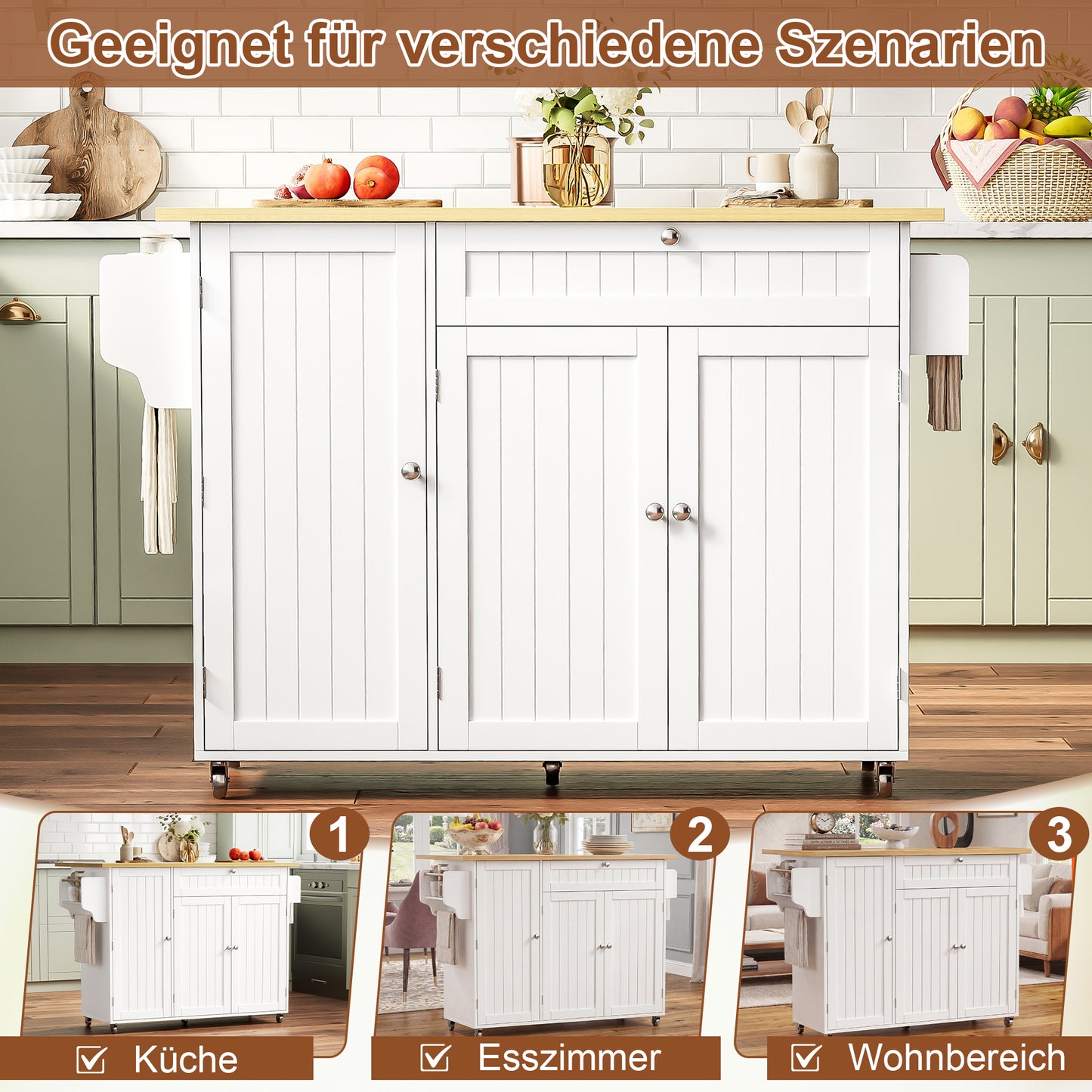 Mobile Kitchen Island With Folding Worktop, Kitchen Trolley, Bar Table, With Drawer And Storage Cabinet, 3 Door Shelves, 120 X 45  X92 Cm