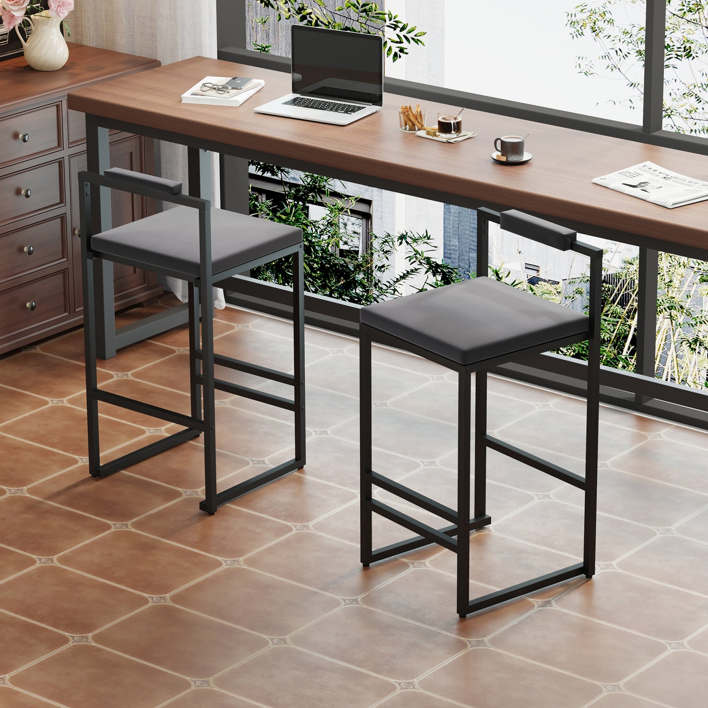 Bar Stools Upholstered Velvet Counter Height Barstools For Kitchen Island Set Of 2 Modern Dining Chairs With Footrest & Backrest  Black & Gray
