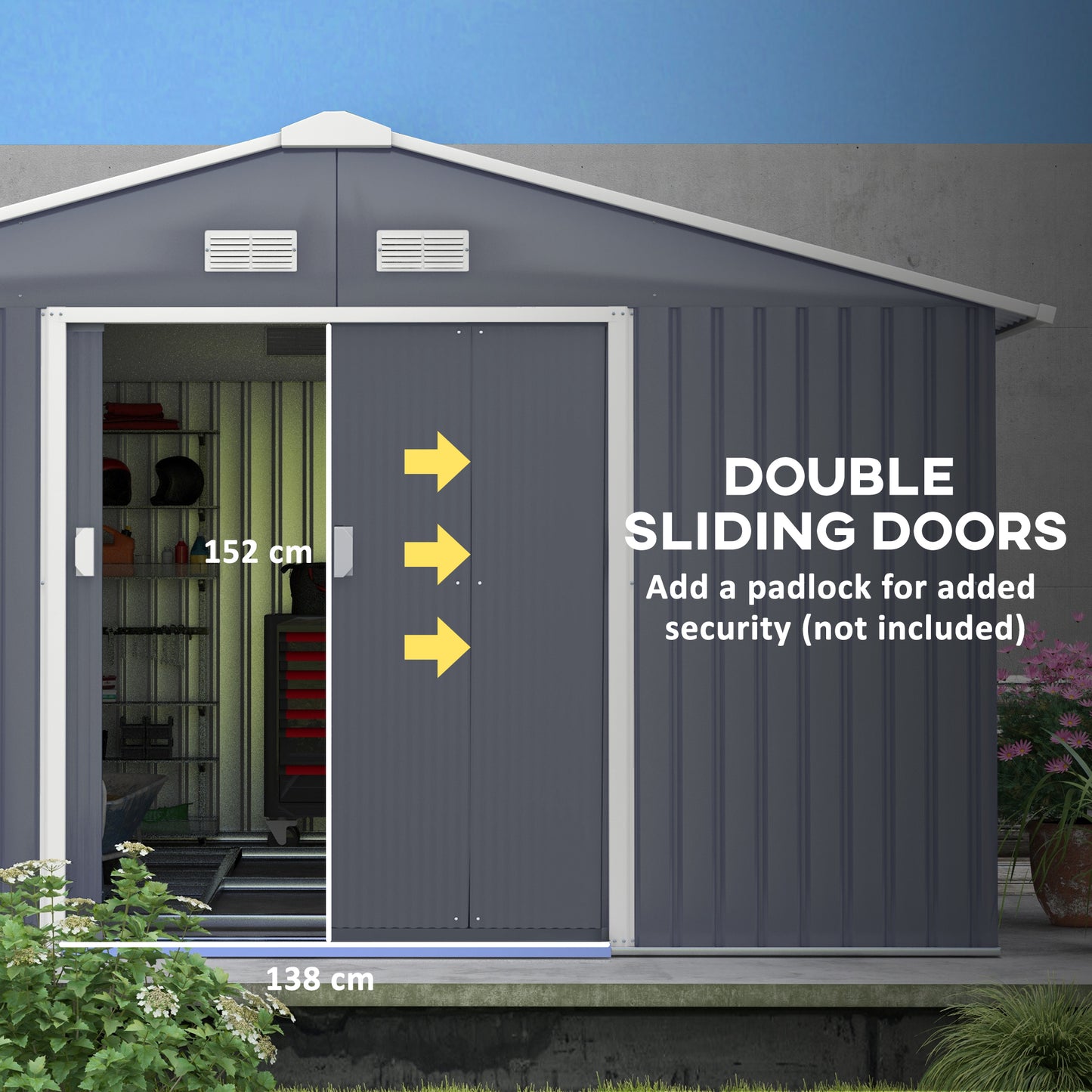 11 x 13 Garden Metal Shed, Storage Shed Utility Storage with Double Locking Doors for Bike, Yard Tools, Dark Gray