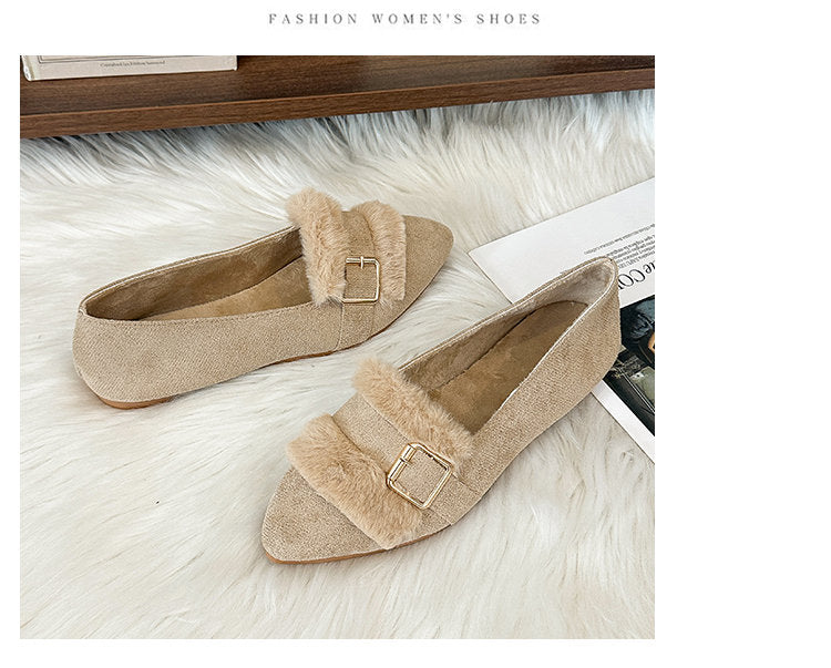Women Furry Moccasins, Slip On Pointed Toe Block Heel Fleece Lined Shoes, Vintage Cow Suede Autumn Fairy Style Outdoor Driving Shoes
