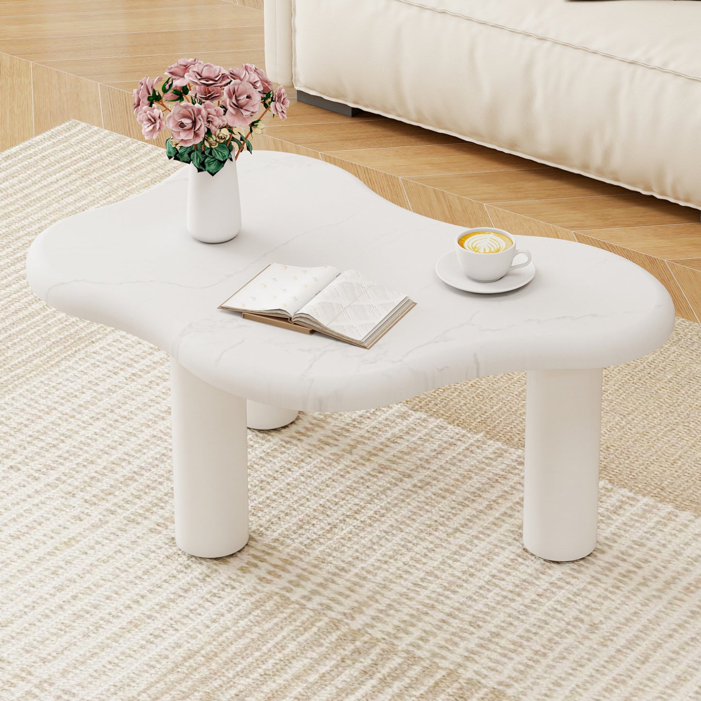 Cloud-shaped Coffee Table In Marble Look, Modern Living Room Table With Rounded Edges, Stable Solid Wood Legs, Easy-care Surface, Ideal For Living Room & Lounge
