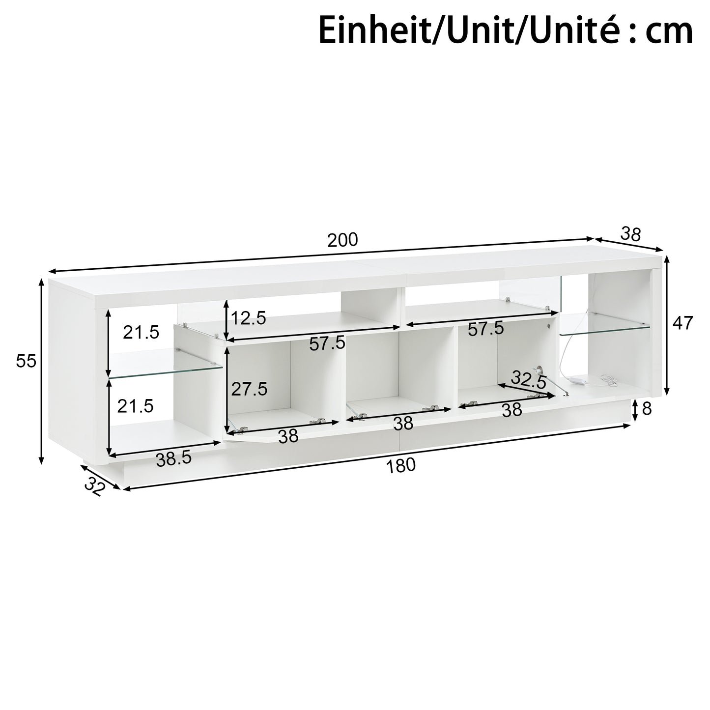 Modern TV Cabinet With Three High-gloss Doors, Transparent Glass Compartments Made Of PB, Multi-coloured LED Ambient Lighting That Can Be Controlled Via App