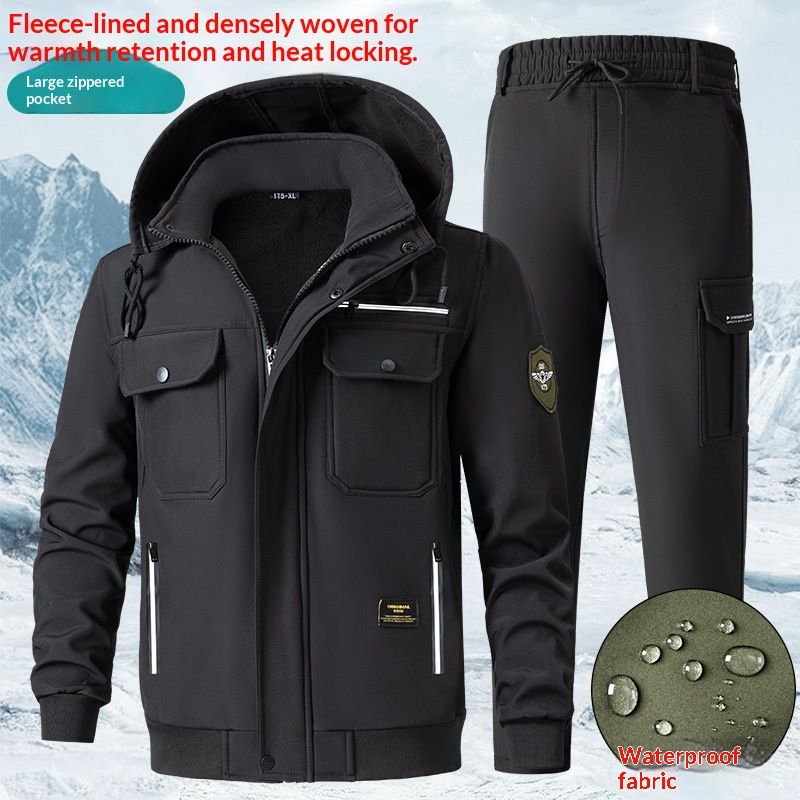 Outdoor Fleece-lined Thickened Workwear Set For Mencold-resistant And Warm-keeping