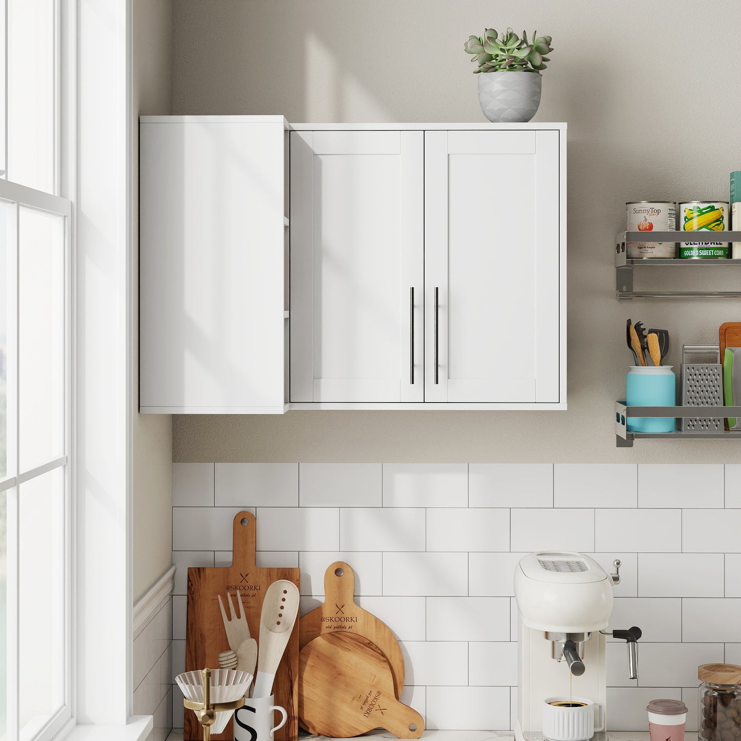 L Shape Wall Mounted Kitchen Sideboard Cabinet With 2 Door, 3 Layers Shelves, Storage Buffet Cabinet For Bathroom, Dining Rooms