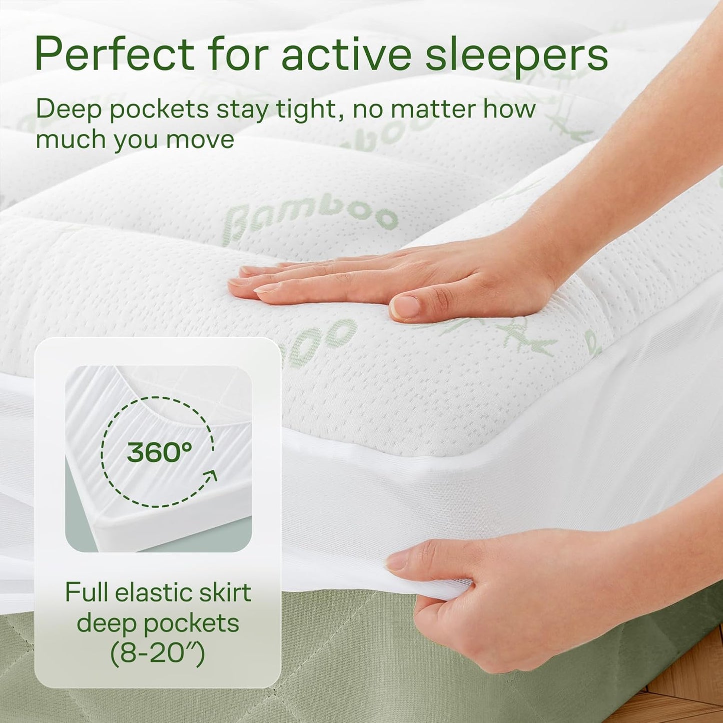 Sleep Solution Ultra Soft Queen Size Mattress Topper - Rayon Derived From Bamboo Pillow Top Mattress Pad For Back Pain Relief - Naturally Cooling For Hot Sleepers, Green