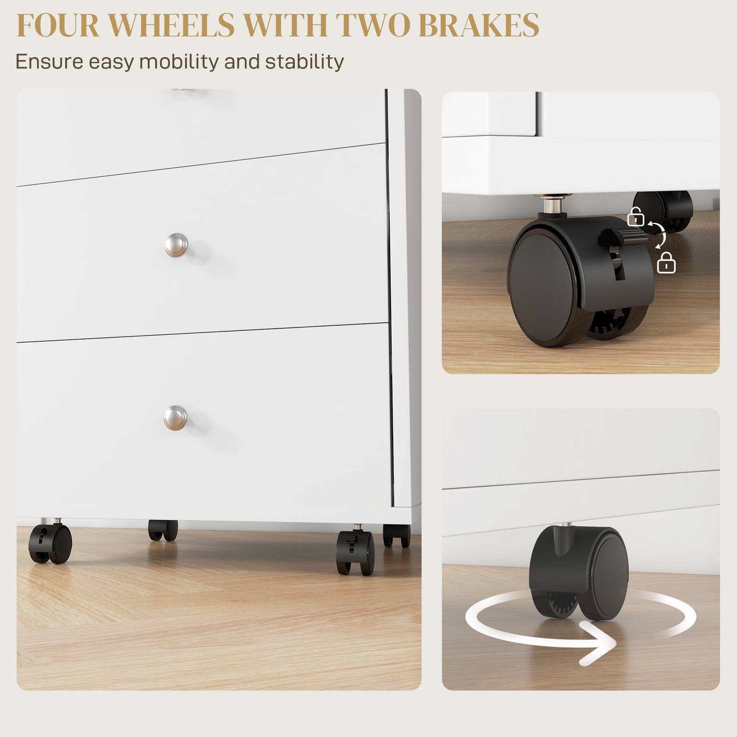 3 Drawer File Cabinet On Wheels Mobile Home Office Storage Cabinet With Top Tray Under Desk Printer Stand, White