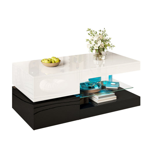 Modern Coffee Table With LED Ambient Lighting, APP And Bluetooth Control, Glass Shelf & High-gloss Surface, Black And White Design For Living Room, 90x45x35.5 Cm