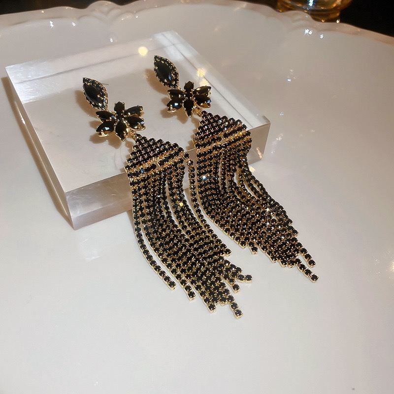 Silver Needle Tassel Earrings For Women Korean Style Zircon Long Dangle Elegant