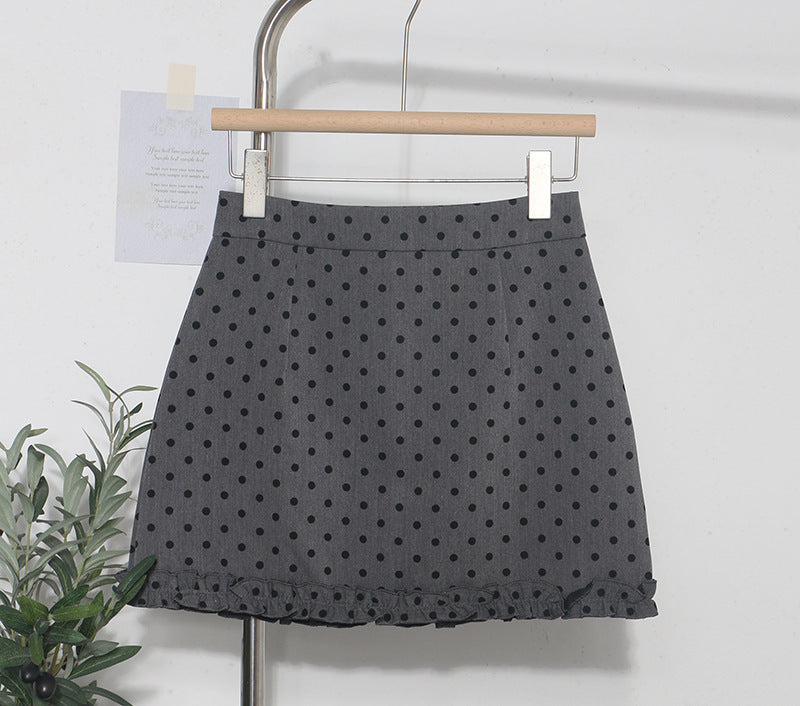 Korean-style Fringed Hem Polka-dot High-waist Anti-exposure A-line Sheath Skirt