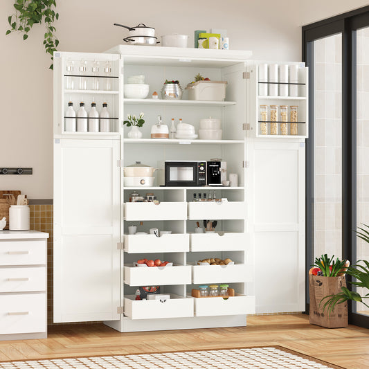 TOPMAx 35.5x17.6x70.9inch Freestanding Kitchen Pantry Cabinet  Tall Storage Cabinet With 4 Doors  2 Door Shelves  8 Pull- Out Trays And Adjustable Shelf For Dining Room  White
