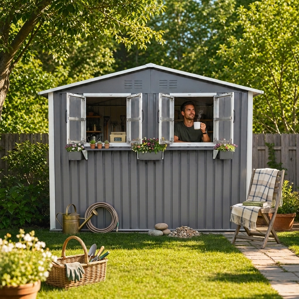 9x6 FT Outdoor Metal Storage Shed With Window & Flower Rack, Lockable Double Doors Tool Shed, Waterproof Weatherproof Garden Shed For Patio, Gray