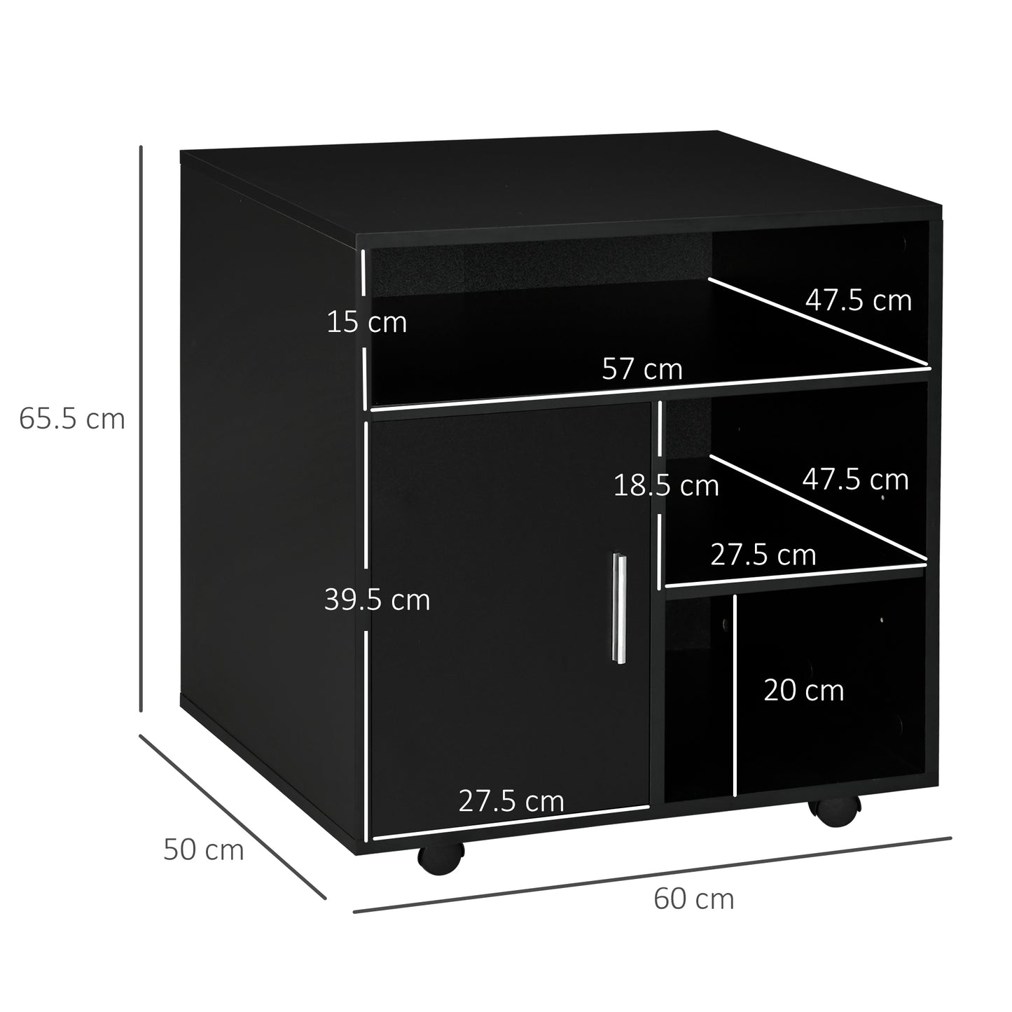 Multi-Storage Printer Stand Unit Office Desk Side Mobile Storage W/ Wheels Modern Style 60L X 50W X 65.5H Cm - Black