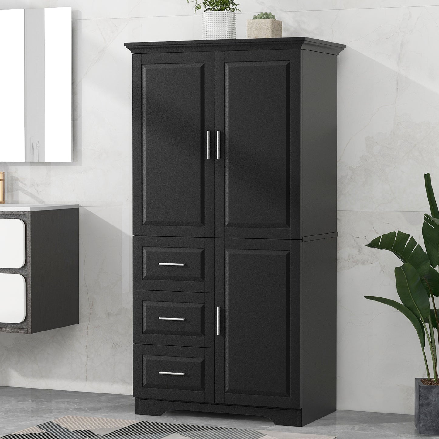 Tall And Wide Storage Cabinet With Doors For Bathroom Office, Three Drawers, Black