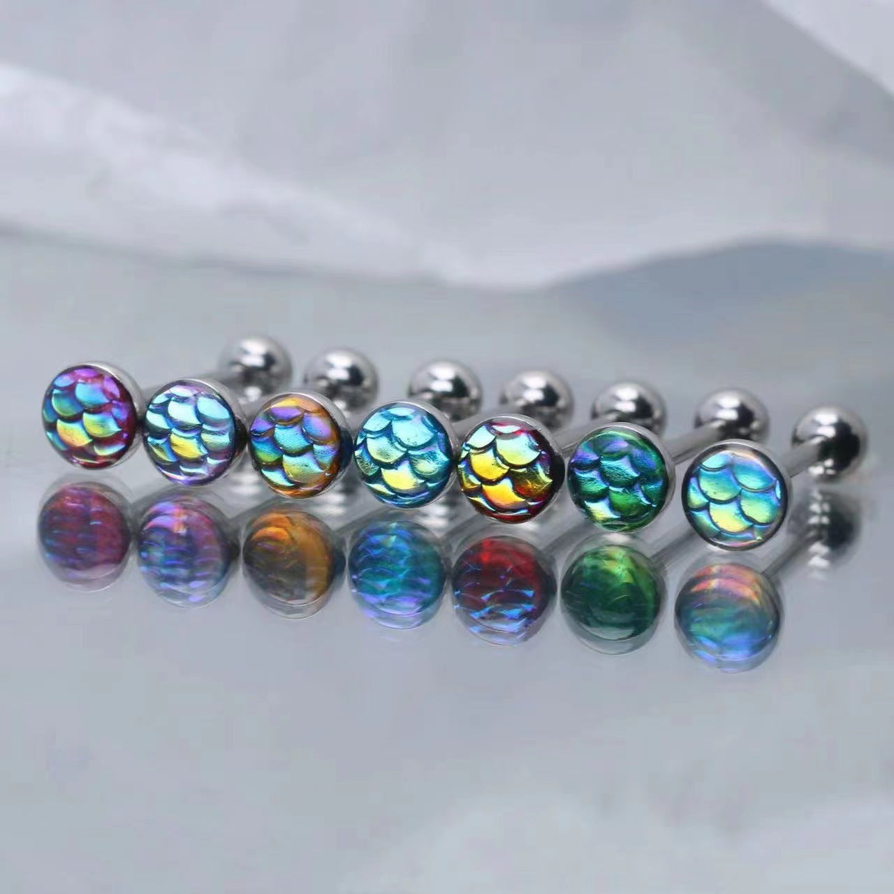 Beauty Fish Scale Dripping Oil Tongue Nail Gradient Colorful Scale Tongue Ring Stainless Steel Body Piercing Jewelry