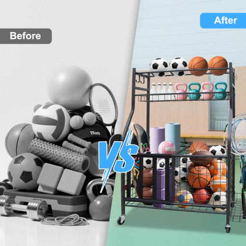 Garage Sports Equipment Storage Rack With Large Capacity, Wheeled, Rolling, Indoor And Outdoor Universal Ball Storage Rack