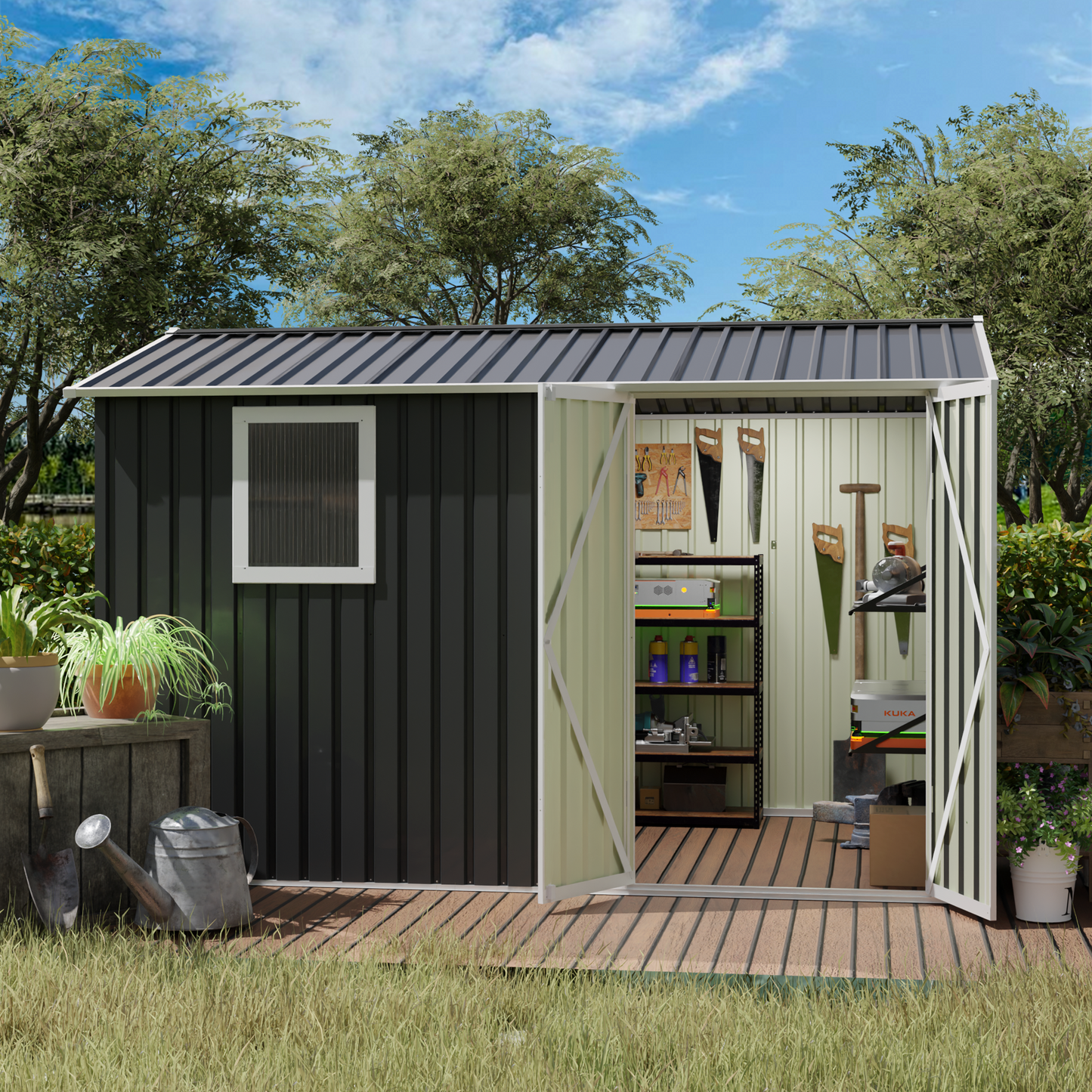 9x6 FT Metal Garden Shed For Patio  Tools House Storage Shed With One Window 9.5 X 6.7FT