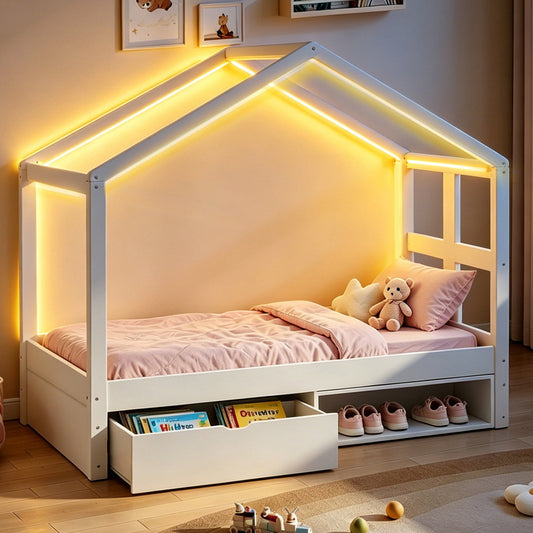 Wooden Bed 90x190 Cm, With Drawers And Small Shoe Cabinet, With Multi-coloured LED Lighting, Slatted Base, Single Bed, Youth Bed, White
