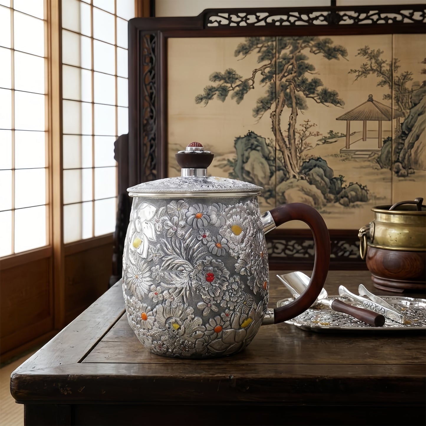 Pure 999 Fine Silver Ornate Handcrafted Floral Embossed Silver Tea Mug with Dark Wood Handle and Lid - Handicraft