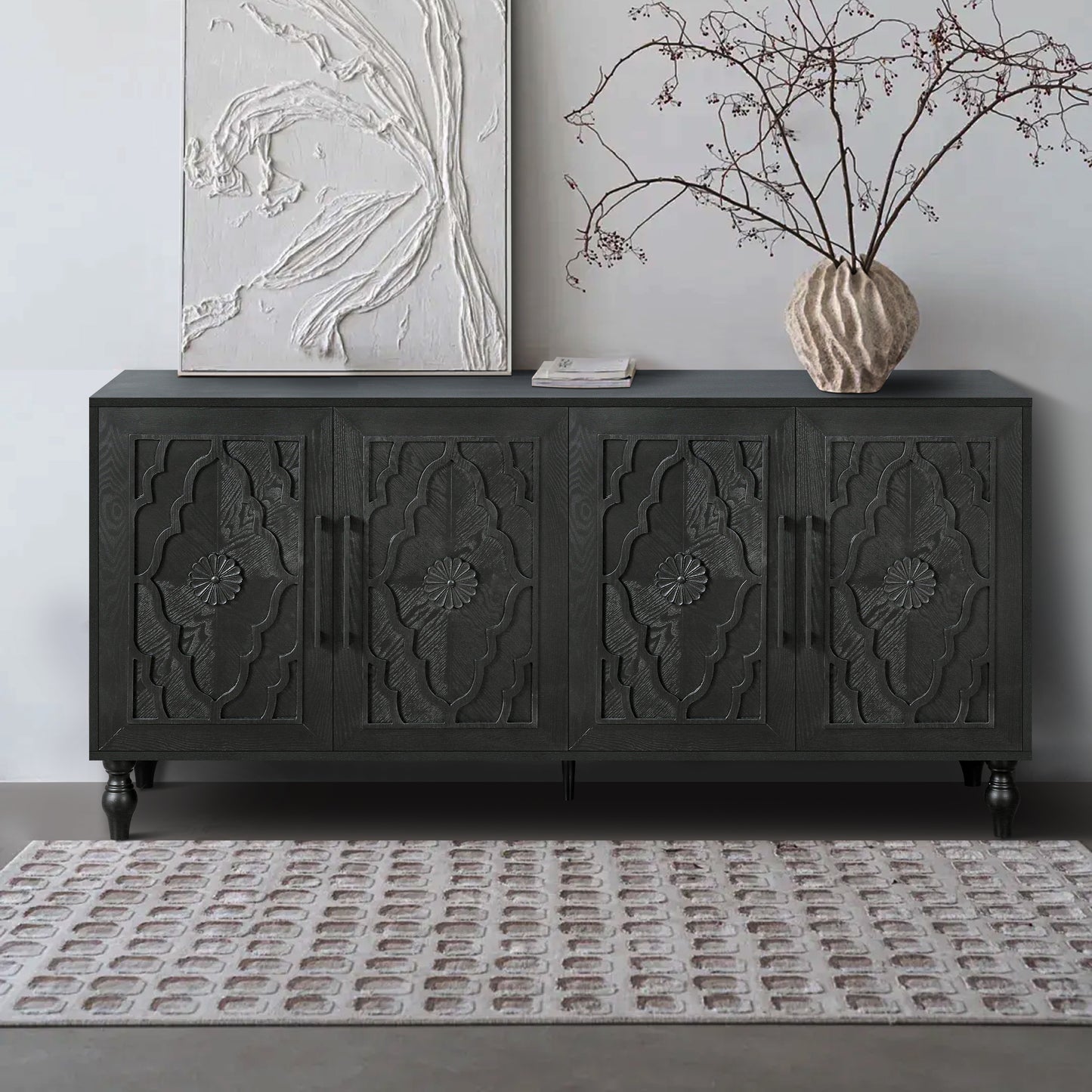 Carved Flower Door Large Storage Cabinet With Metal Handle Suitable For Living Room, Kitchen, Entryway BLACK
