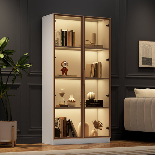 Glass Display Case With LED Lighting, Double Door Display Case With Movable Shelves, 80x40x160cm, Tall Cabinet For Living Room, Stand Display Cabinet, Bathroom Cabinet
