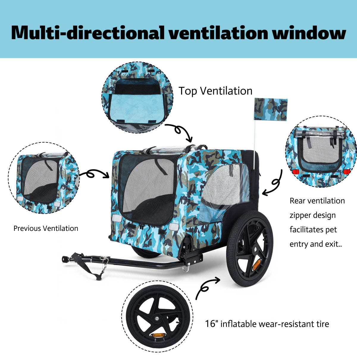 Outdoor Heavy Duty Collapsible Pet Bike Trailer With 16-Inch All-Terrain Wheels & Universal Hitch - Foldable Dog Cargo Carrier Cart For Bicycles, Blue Black
