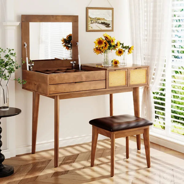 43.3' Classic Wood Makeup Vanity Set With Flip-top Mirror And Stool, Dressing Table With Three Drawers And Storage Space, Brown