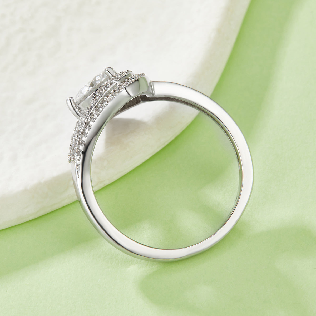 S925 Sterling Silver 1ct Moissanite Ring, D-VVS1 Round Cut Geometric V-Halo, Platinum Plated 3g US 5-9 GRA Gift Box