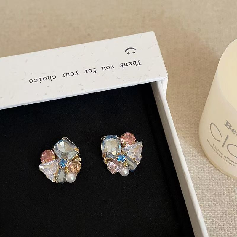 High-End Colorful Crystal Geometric Stud Earrings For Women, Dopamine Sweet Versatile Fashion Daily Ear Jewelry