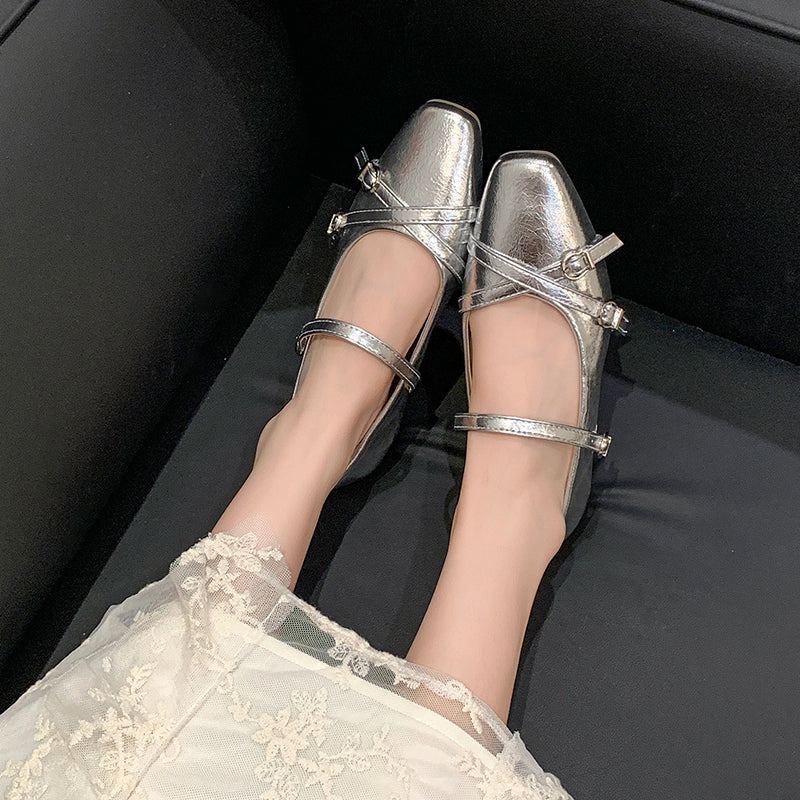 2026 Spring Summer New Women's French Square Toe Mary Jane Flats With Hidden Heel, Elegant Silver Single Shoes With Single Strap Buckle