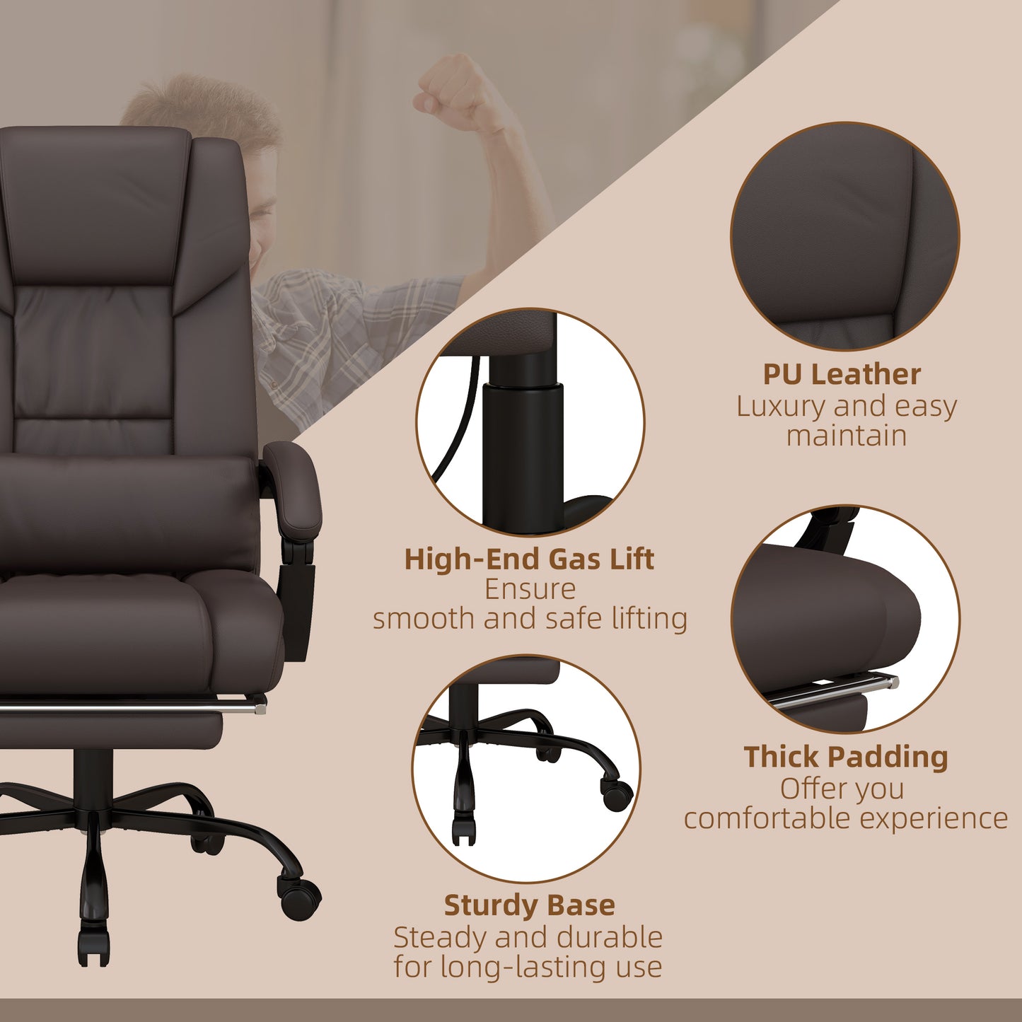 Vinsetto 6-Point Massage Office Chair, PU Leather Desk Chair With Adjustable Height And Footrest For Home Office, Brown