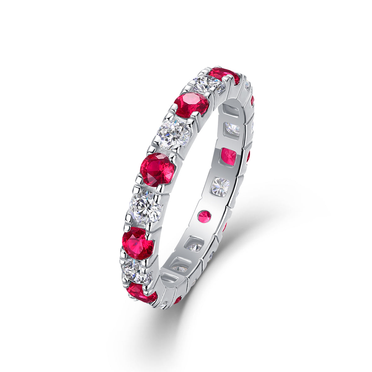 2.4g S925 Sterling Silver Platinum Plated Eternity Ring  Synthetic Ruby & White Stone Alternating Band, Dainty Stackable Promise Ring For Women, Jewelry Gift Box Set