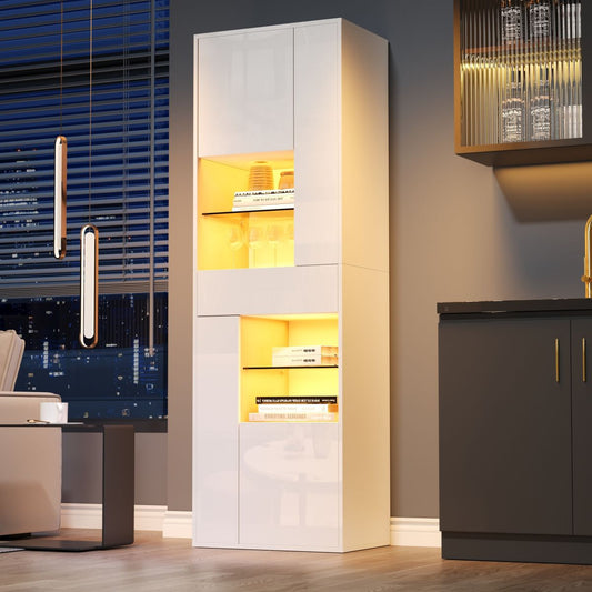 55x38x170cm Display Cabinet, Tall Cabinet With 1 Drawer And 4 Cabinets,Glass Display Cabinet Display Cabinets With LED Lighting, Display Cabinets With High Gloss Design,Living Room Cabinets, Display C